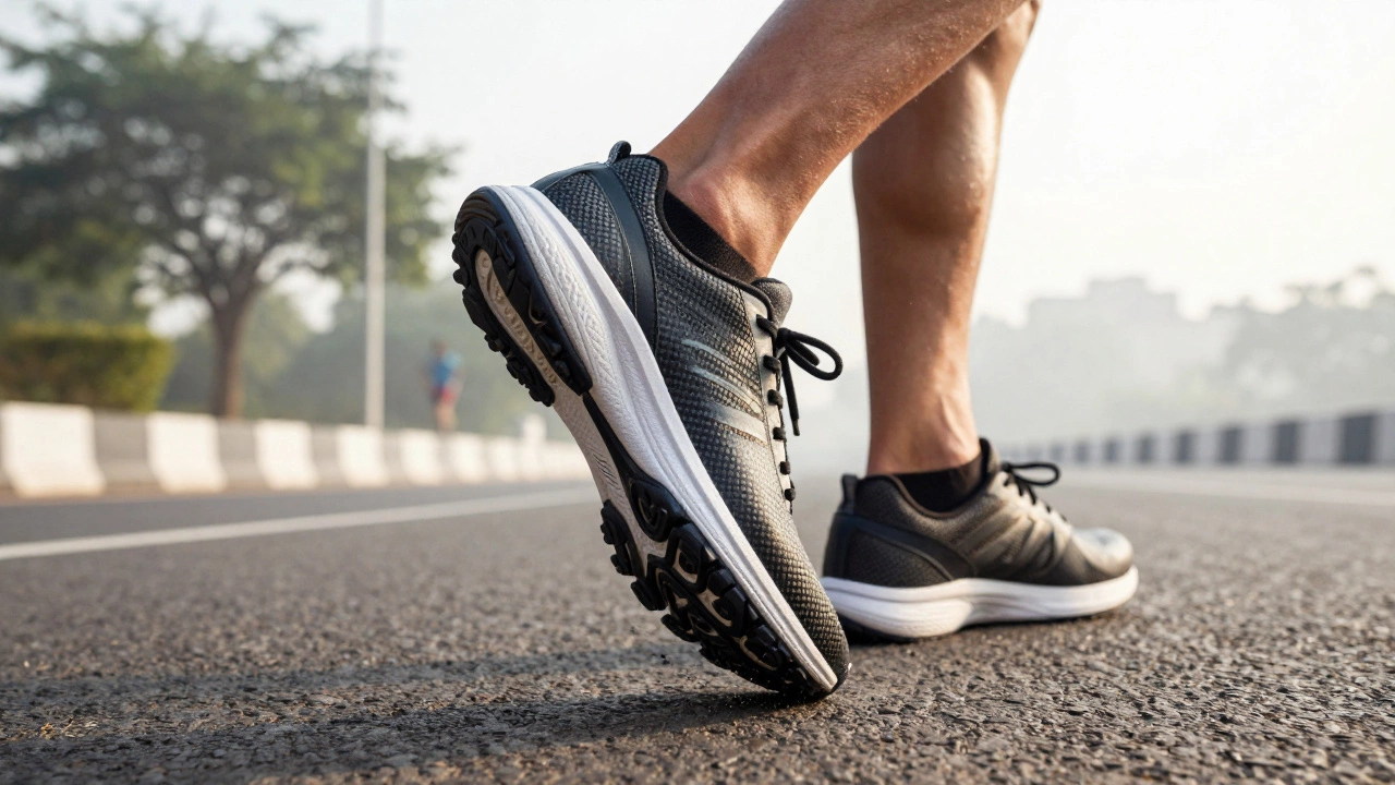 Close-up of carbon-plated running shoes on asphalt road