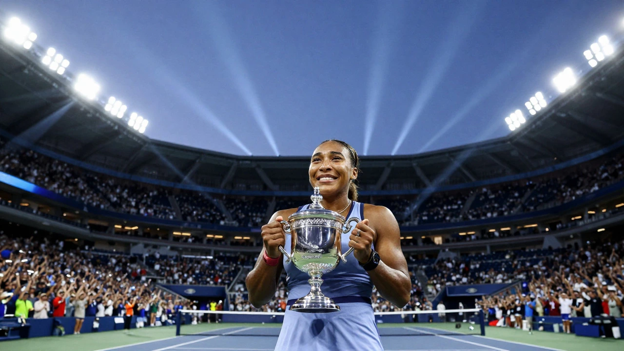 Coco Gauff holds the US Open trophy under stadium lights after winning her first Grand Slam.