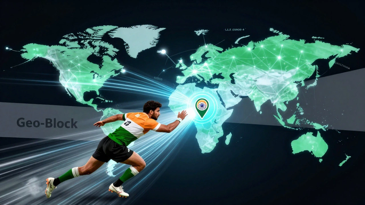 Digital art of rugby player connected via global VPN network bypassing blocks