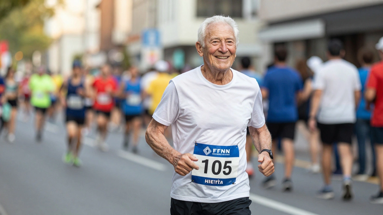 Elderly runner smiling while completing a marathon journey