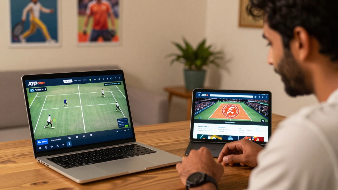 Fan watching ATP matches on laptop and Grand Slams on tablet simultaneously
