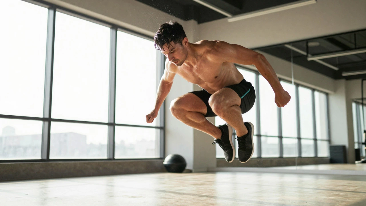 Fit person jumping explosively during a burpee exercise
