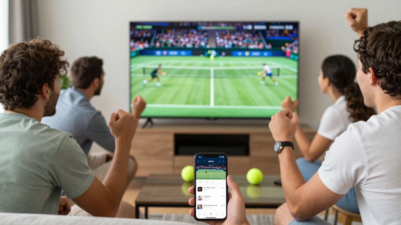 Friends cheering while watching a live tennis match on television
