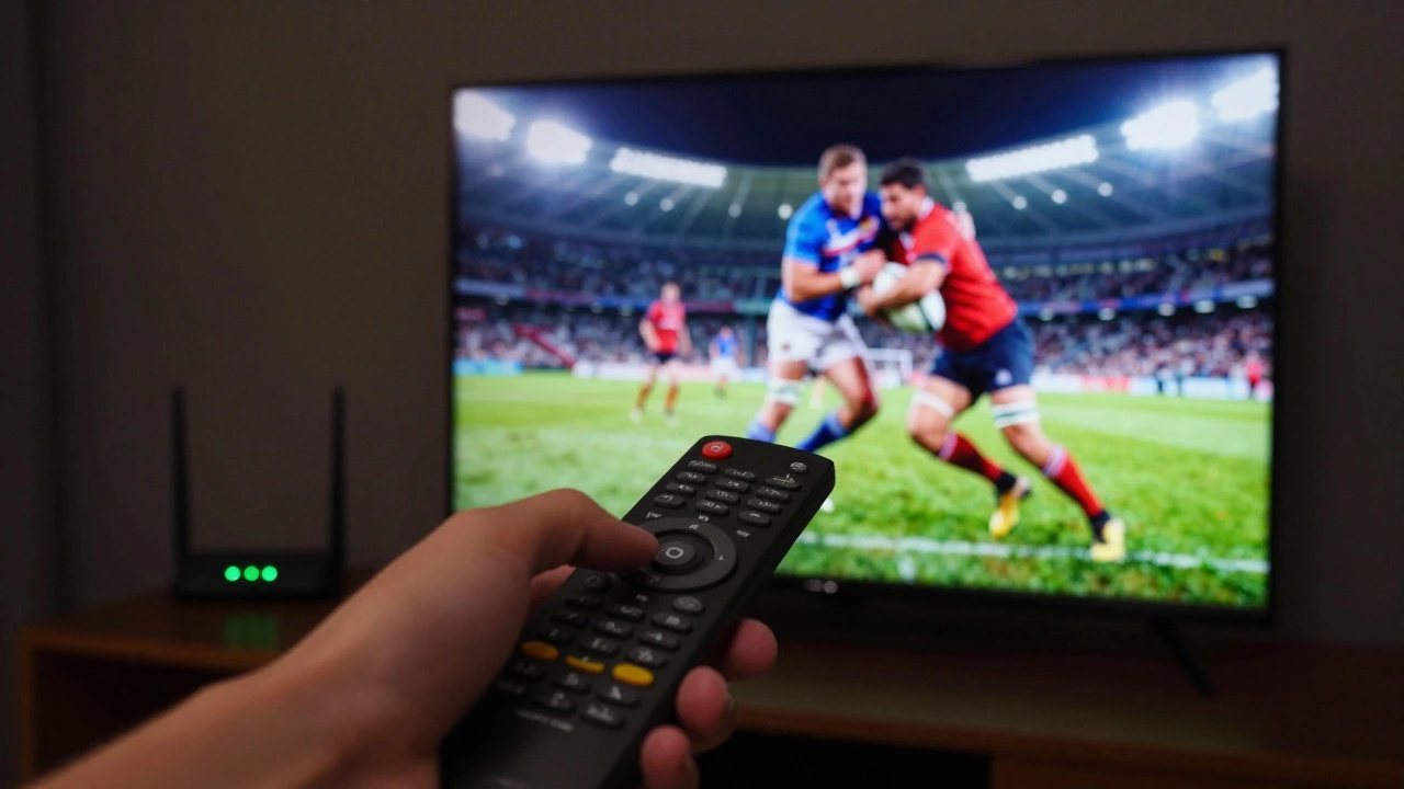 Hand using remote to watch live rugby match on TV with router lights visible