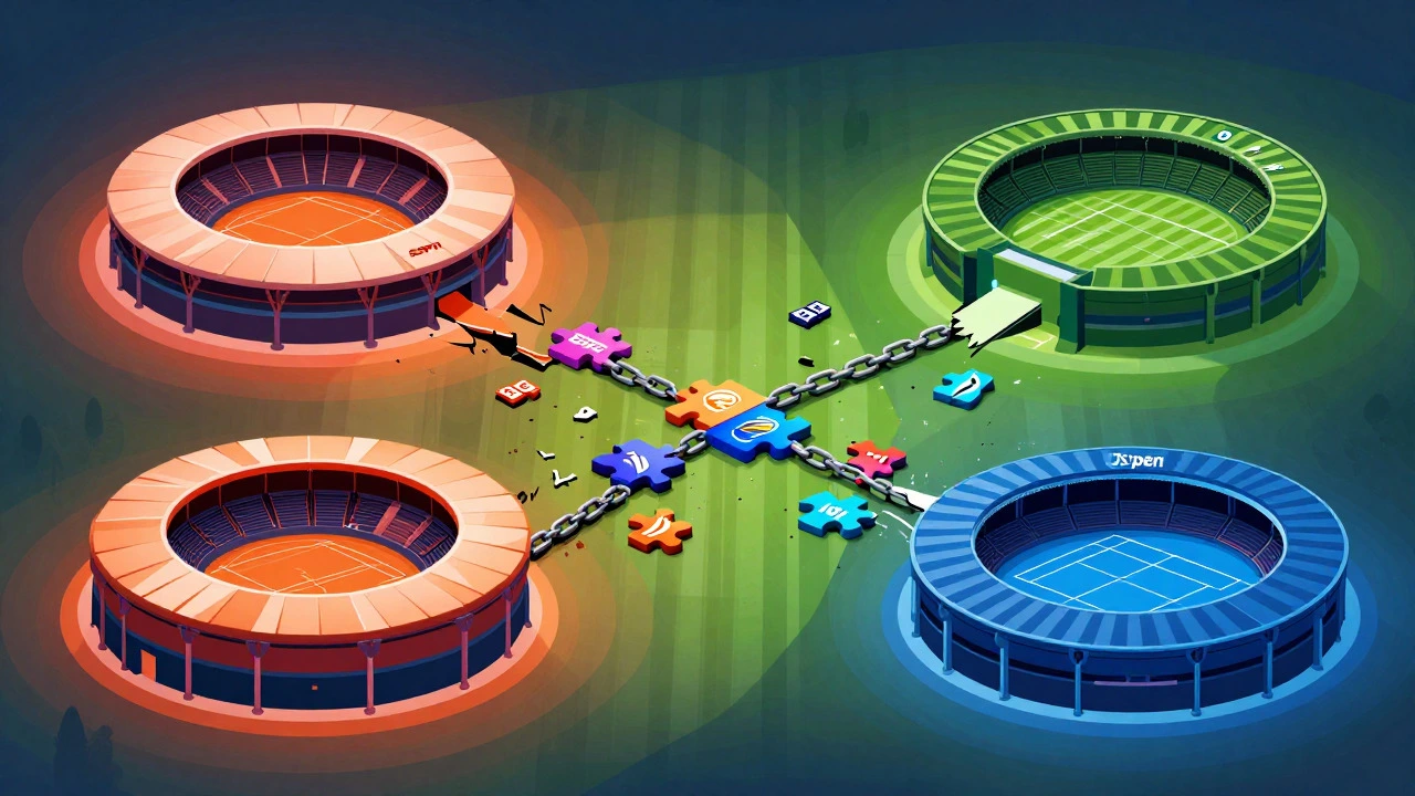 Illustration of four Grand Slam stadiums separated by fragmented broadcasting rights