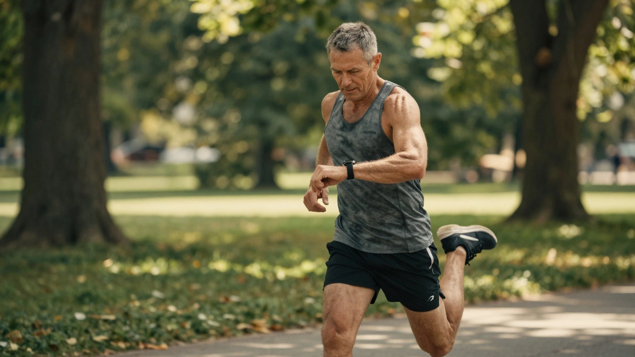 Middle-aged runner checking smartwatch during a training stretch