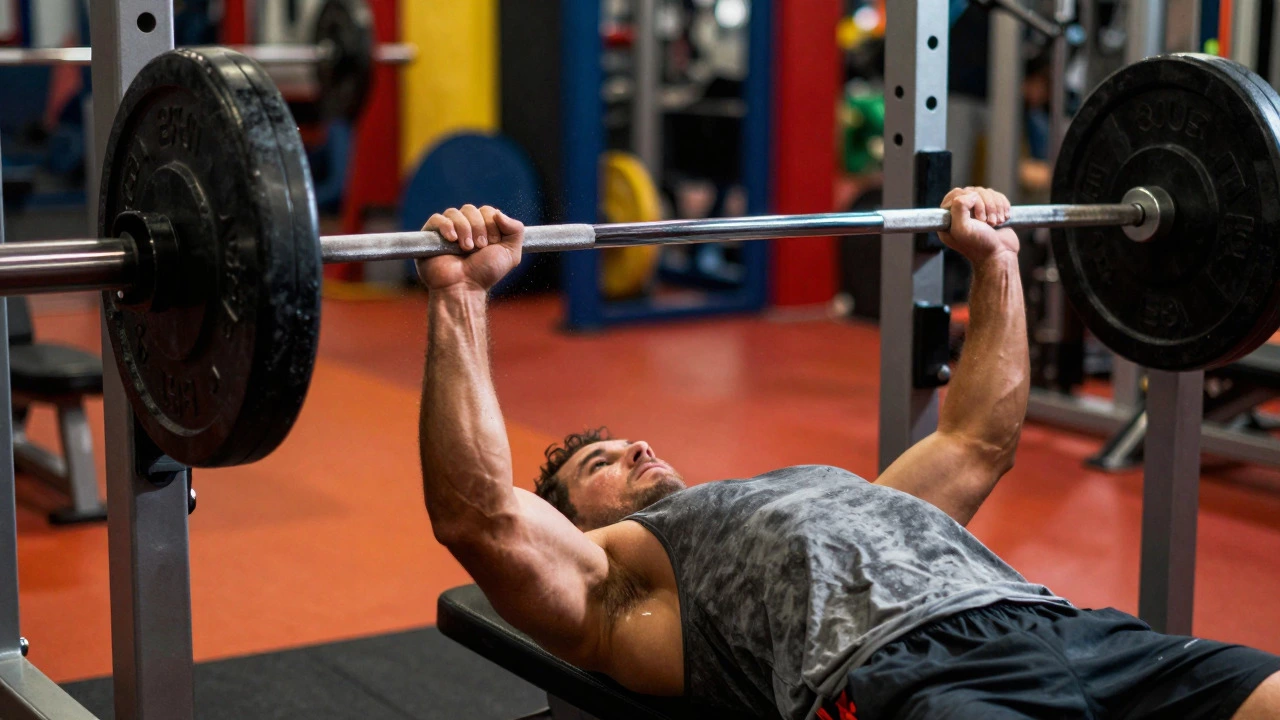 Close-up of a lifter performing a bench press with intense focus