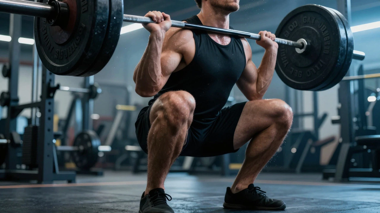 Close-up of legs during a heavy barbell back squat in a gym