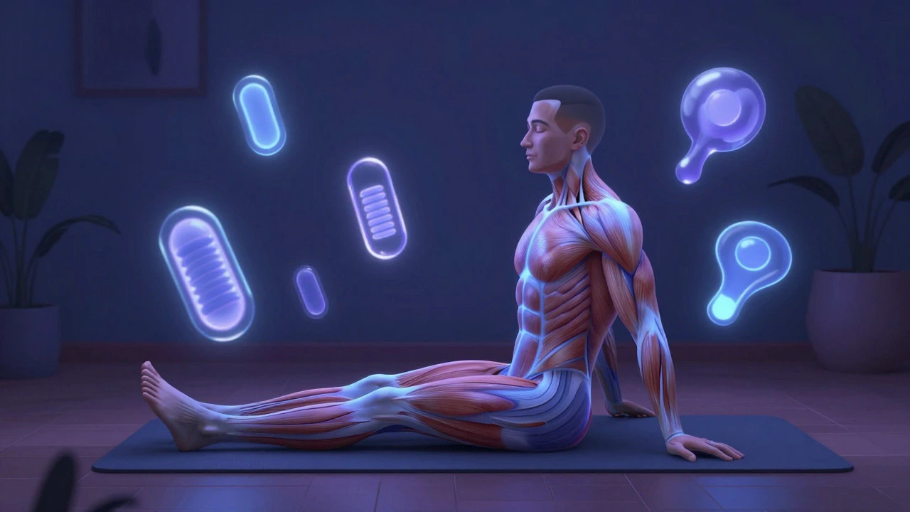 Conceptual art showing a resting figure with glowing muscles representing recovery