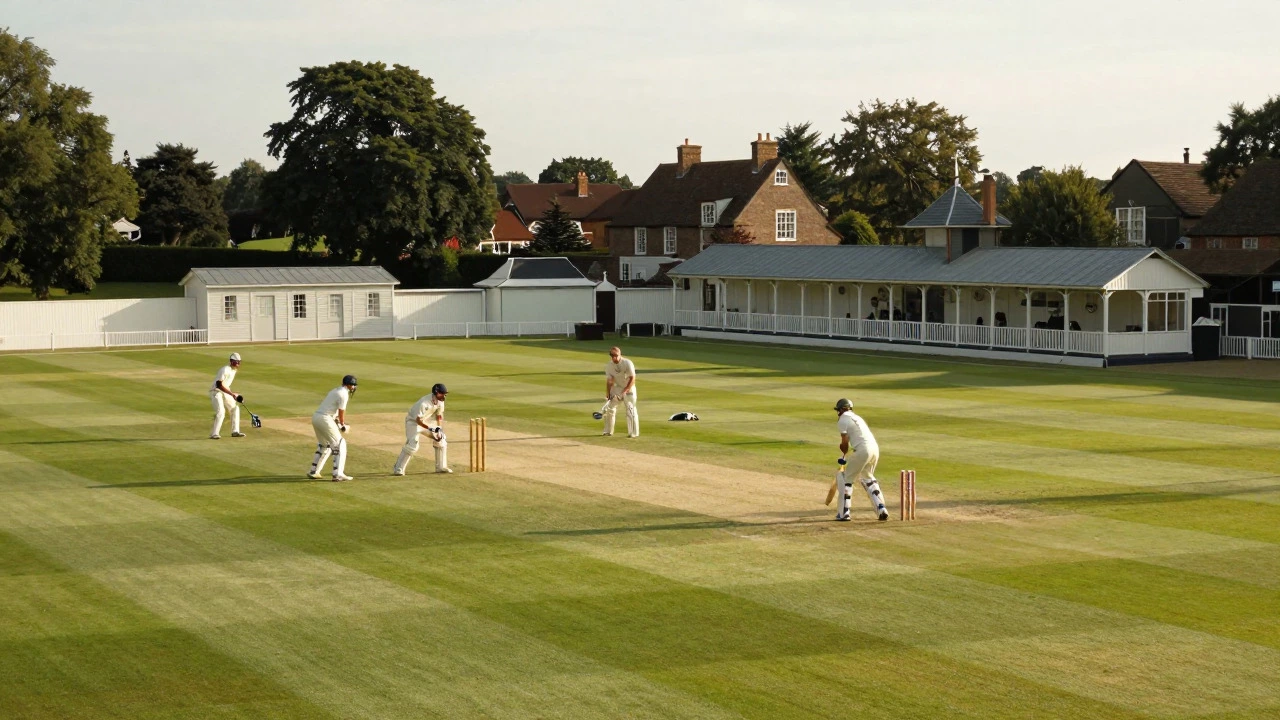 Cricket batsmen playing on a traditional English county ground