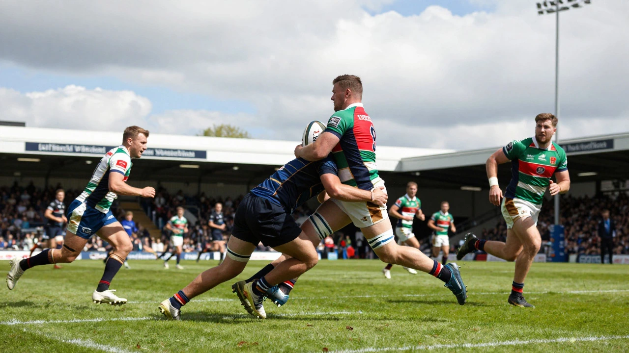 Fast-paced rugby sevens match action at a London stadium