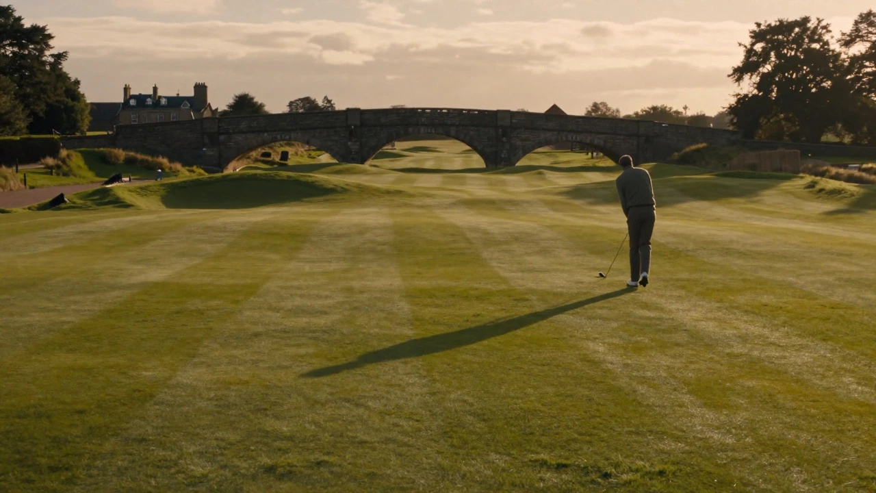 Golden hour view of the historic Old Course at St Andrews golf course.