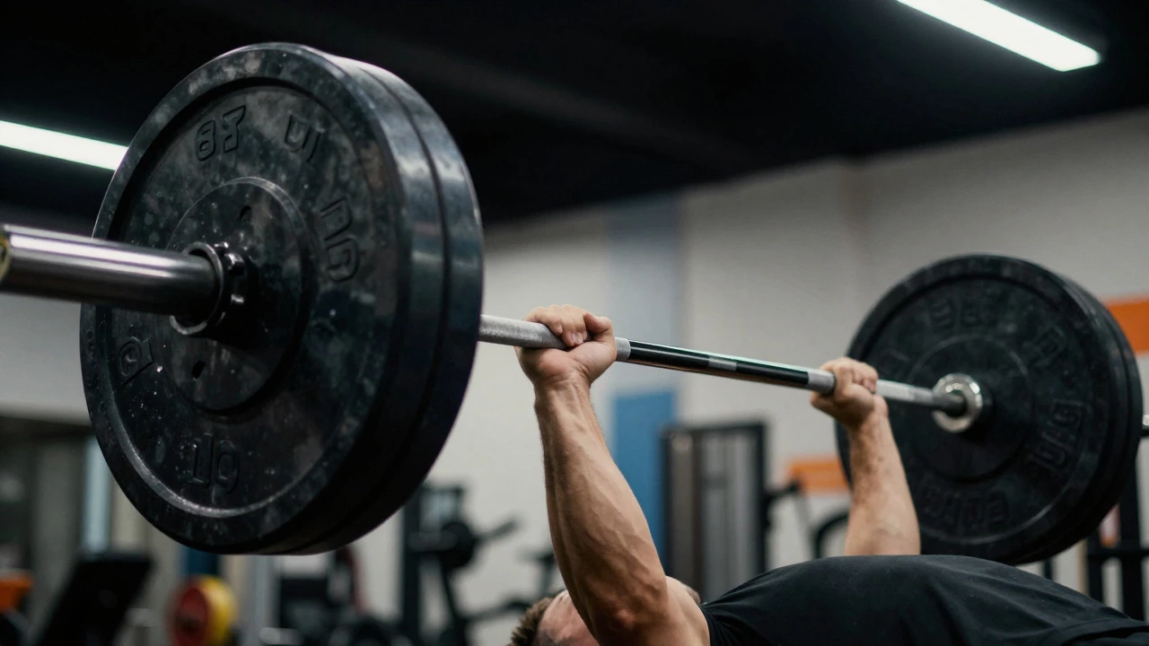 Hands gripping loaded barbell for bench press