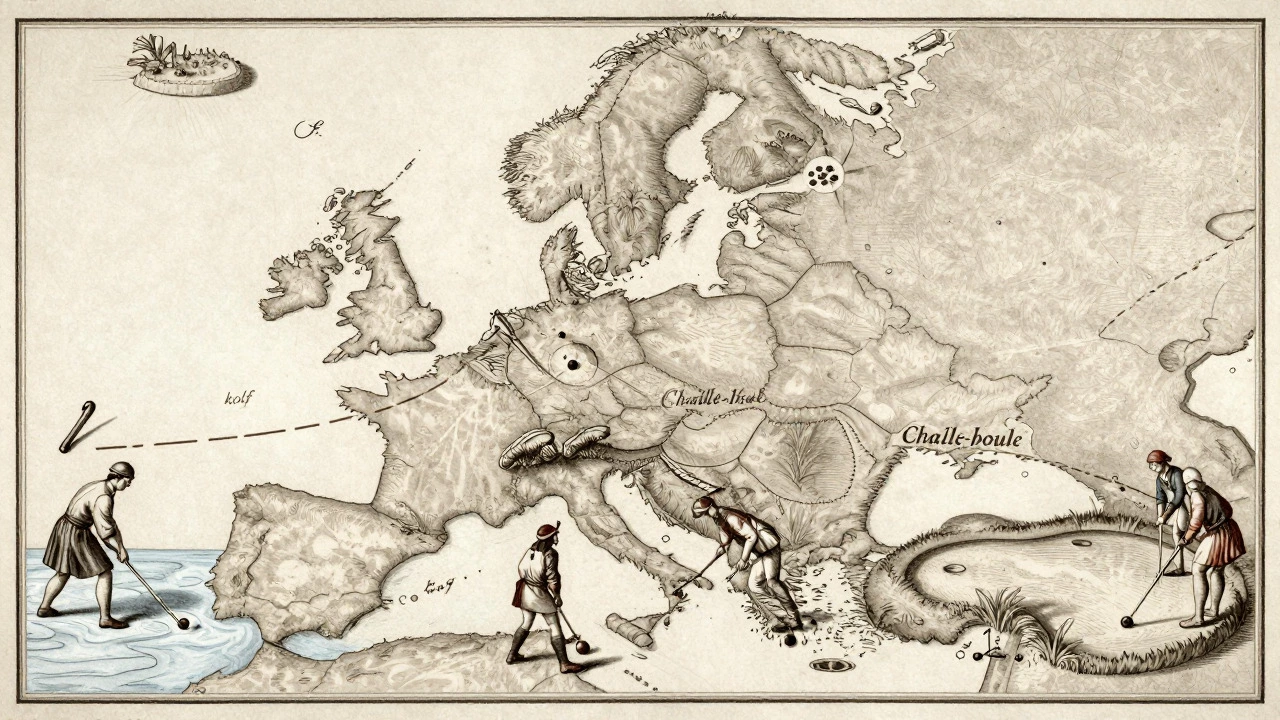 Historical illustration showing kolf in Netherlands and chaille-boule in France.