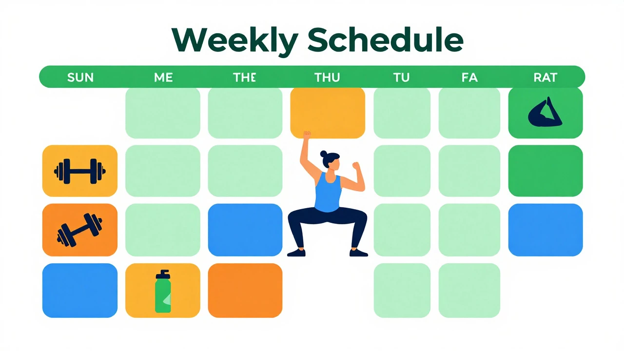 Illustration of a weekly fitness plan with squat and rest icons