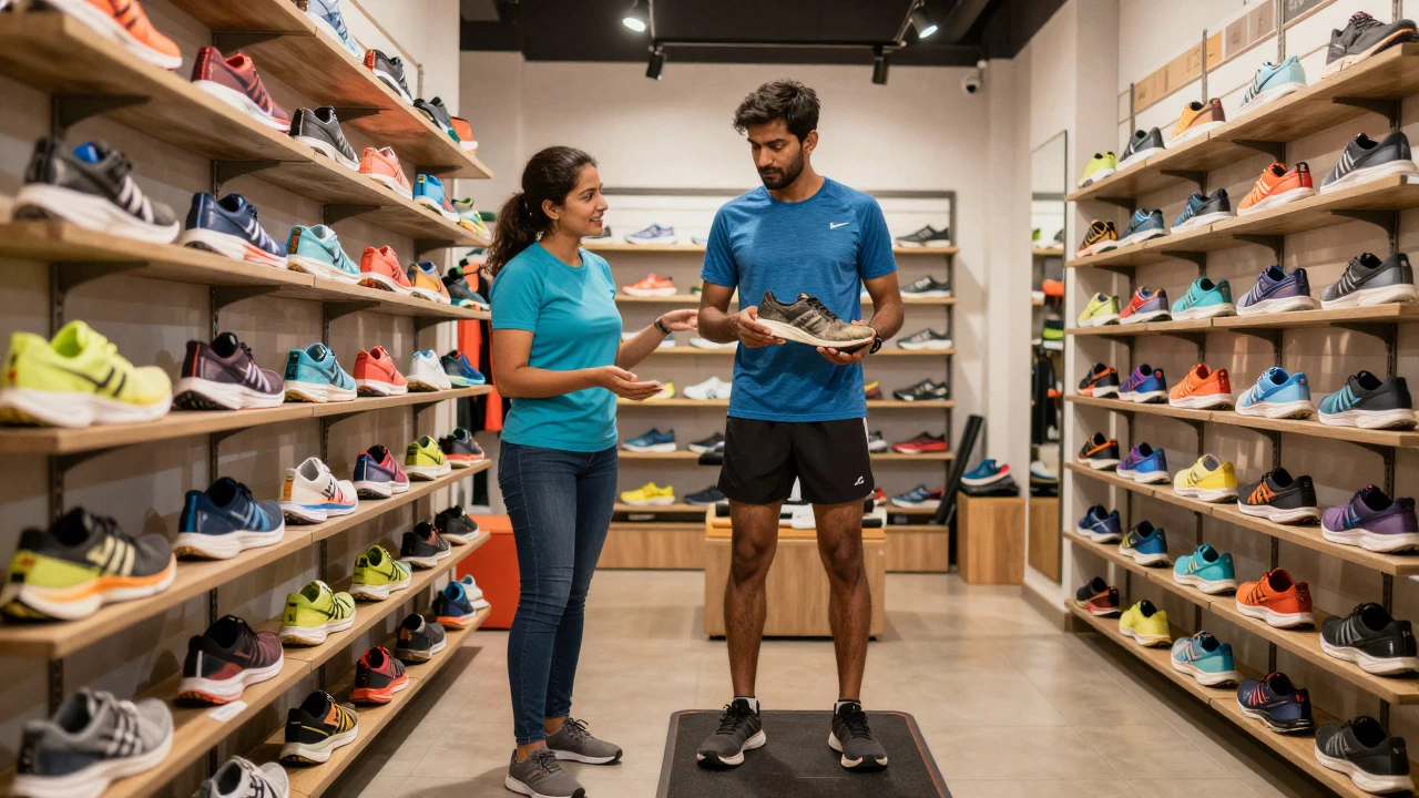 Runner choosing new shoes in a specialty store with gait analysis