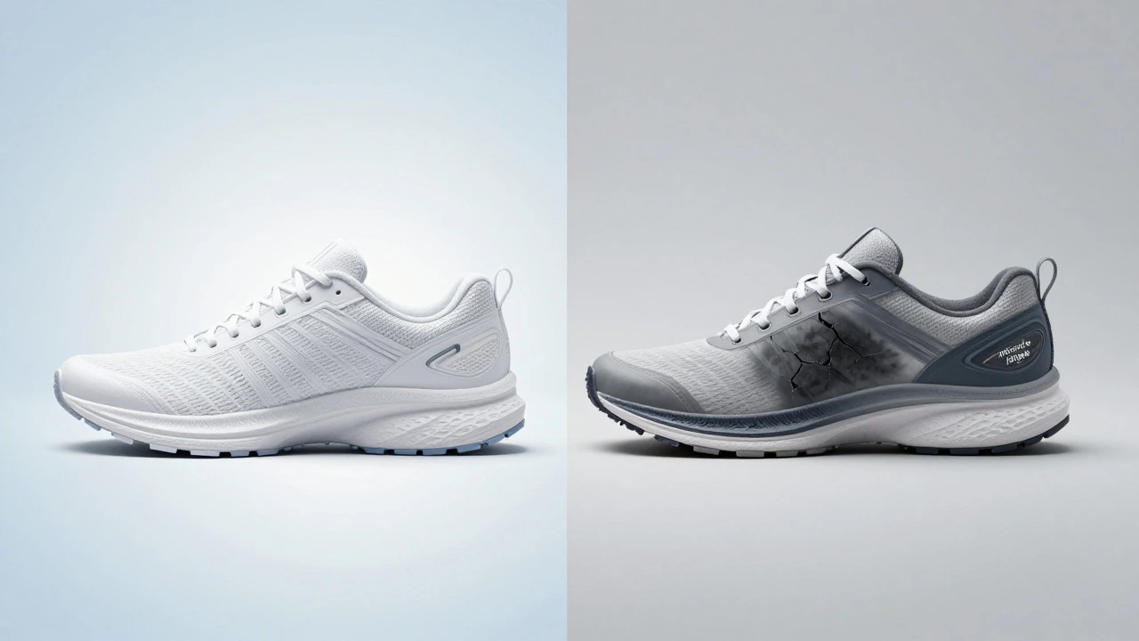 Split image contrasting new shoe exterior with compressed internal foam