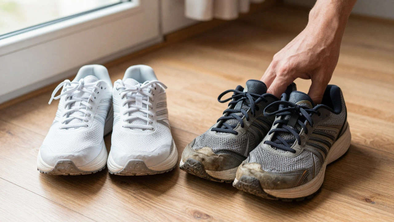Worn out running shoes next to a new pair on a wooden floor