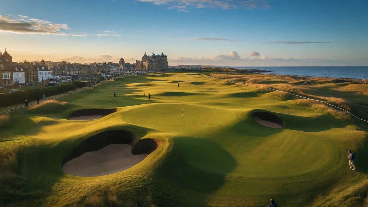 Aerial view of St Andrews Old Course at sunset
