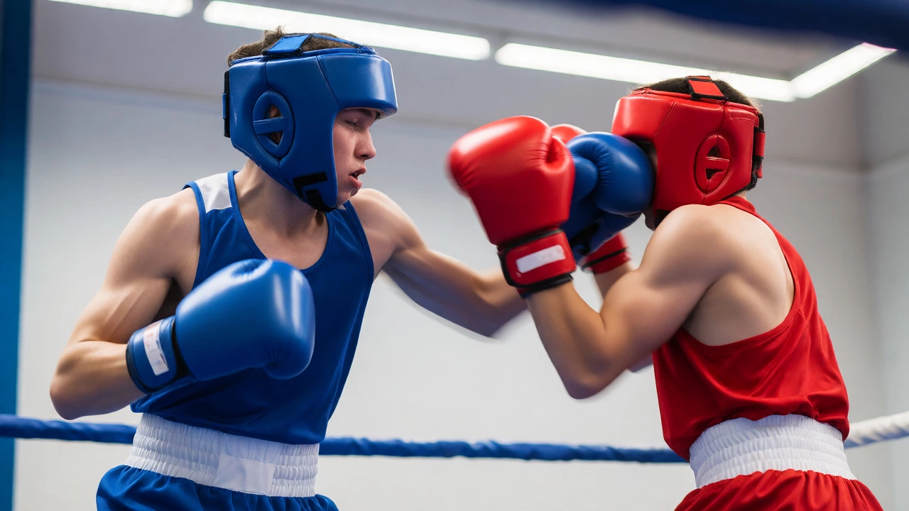 Amateur boxer throwing a quick jab combo in a brightly lit gym.