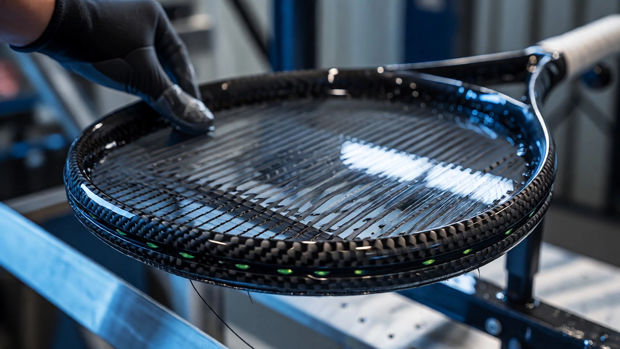 Close-up of carbon fiber tennis racket frame with epoxy resin matrix