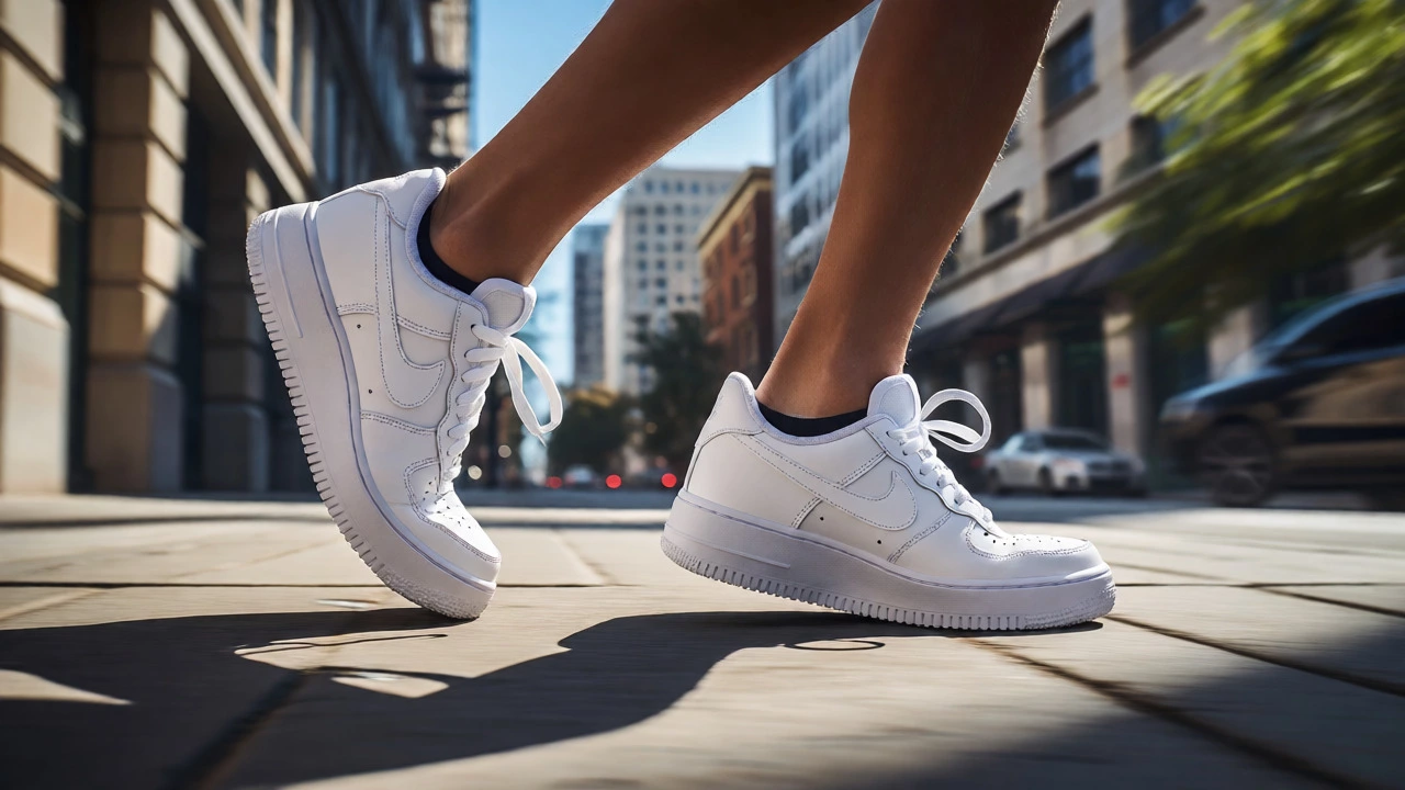 Close-up of feet in stiff Nike Air Force 1s hitting pavement during a jog.