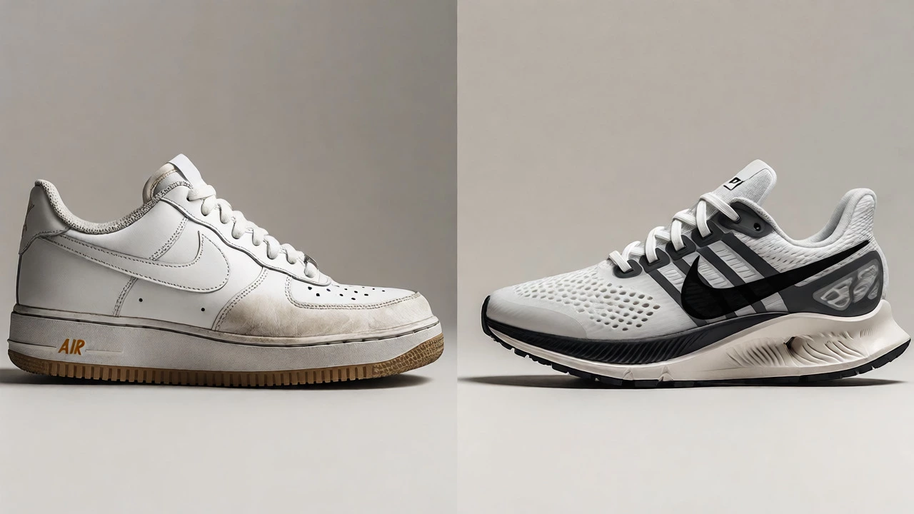 Comparison of worn Nike Air Force 1s versus modern lightweight running shoes.