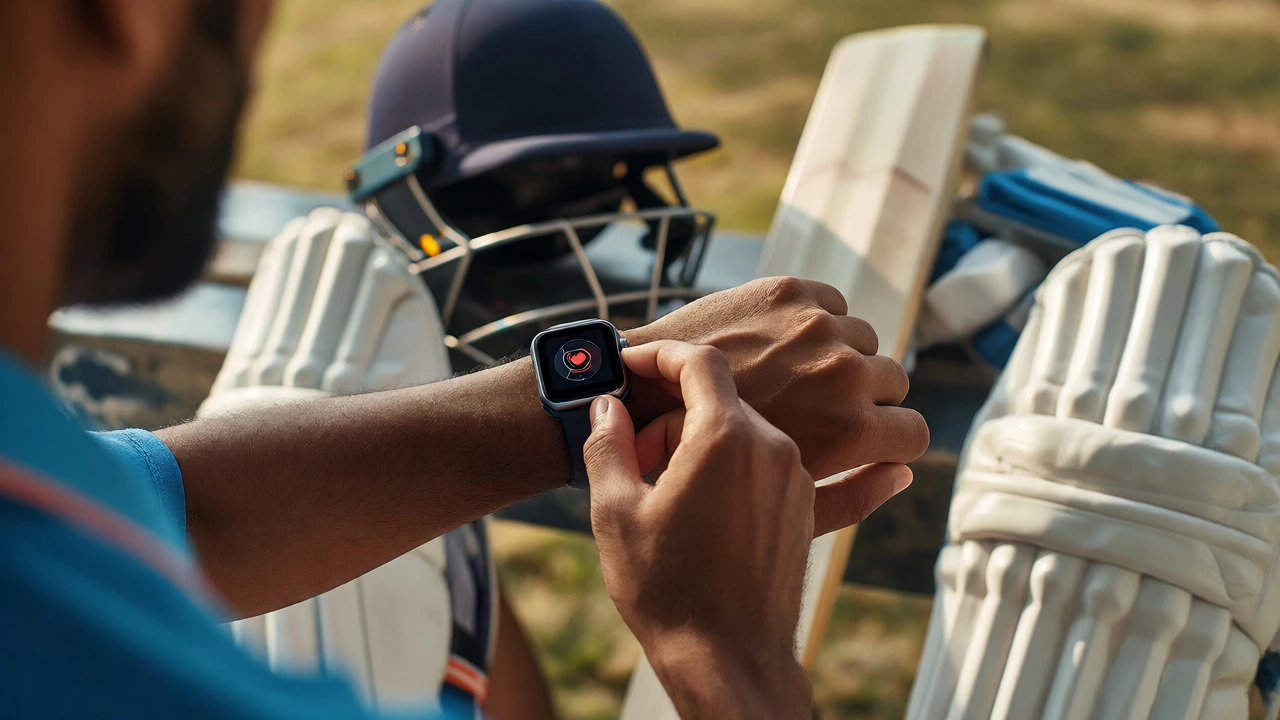 Cricketer checking a smartwatch for performance data near protective gear.