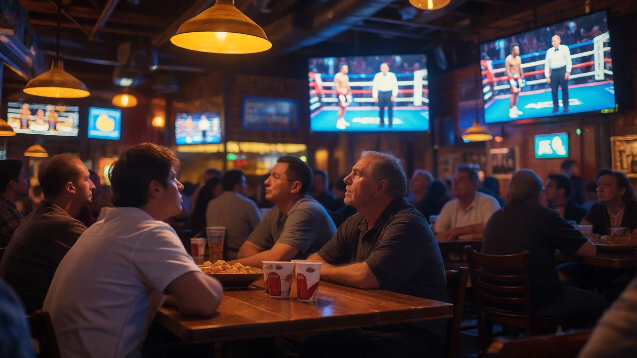 Fans watching a boxing match on TV in a dimly lit sports bar.