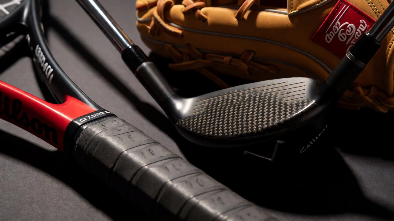 Macro shot of premium sports gear including a tennis racket, golf club, and baseball glove.