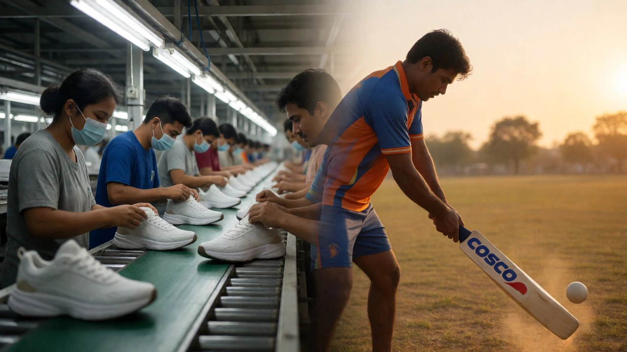 Split view showing a sneaker factory assembly line alongside an Indian cricketer playing outdoors.