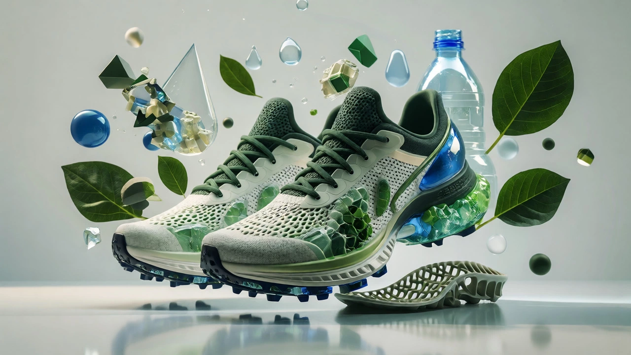 Sustainable running shoes made from recycled materials with 3D printed insoles.