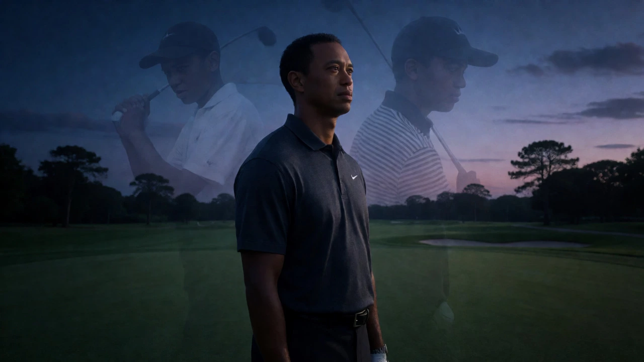 Teenage golfer on course at dusk with memory overlays
