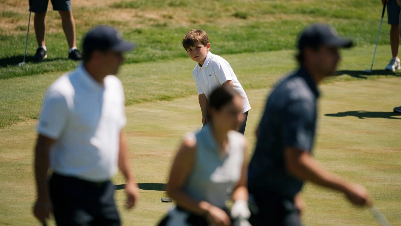Young boy focusing intensely on a putt amid crowd