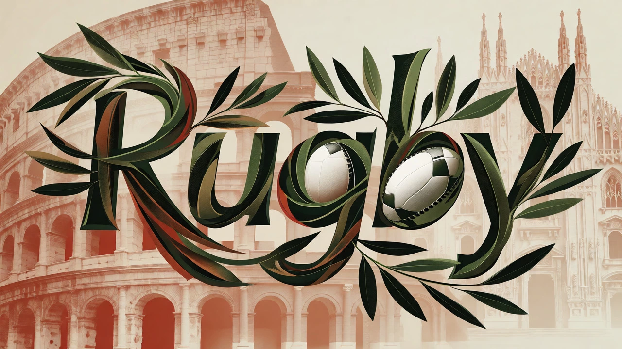 Abstract art blending Italian symbols with rugby themes
