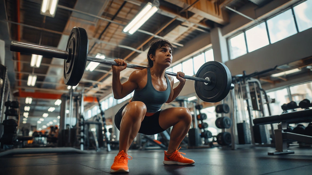 Athlete performing a heavy barbell squat in a well-lit modern gym environment.