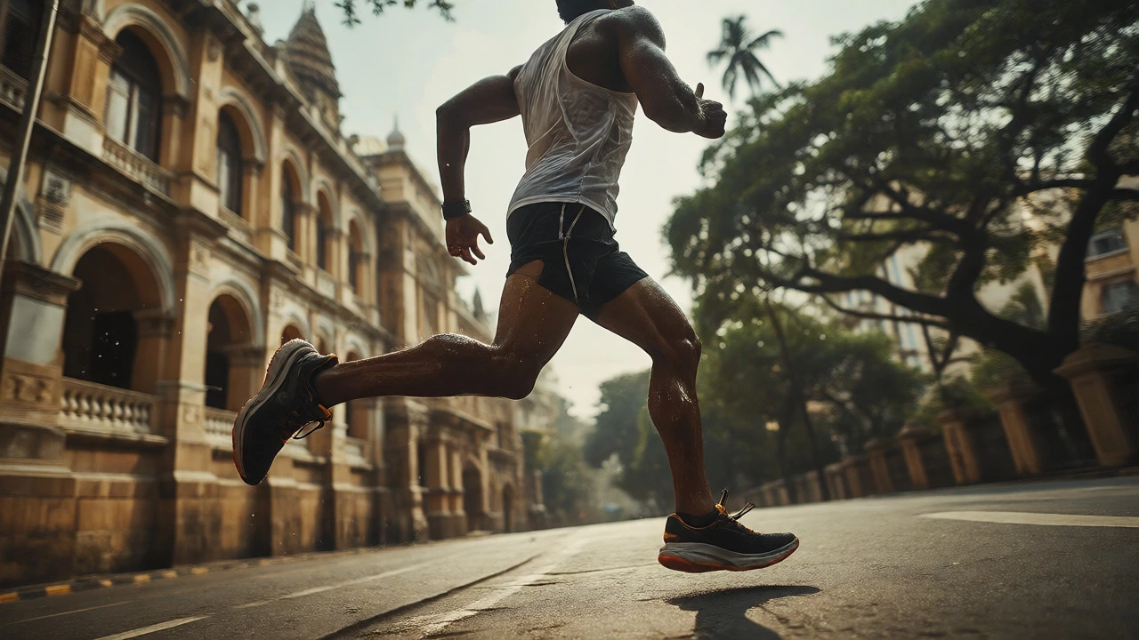 Athlete running steadily on a sunny, hilly street in Mumbai, showcasing endurance.