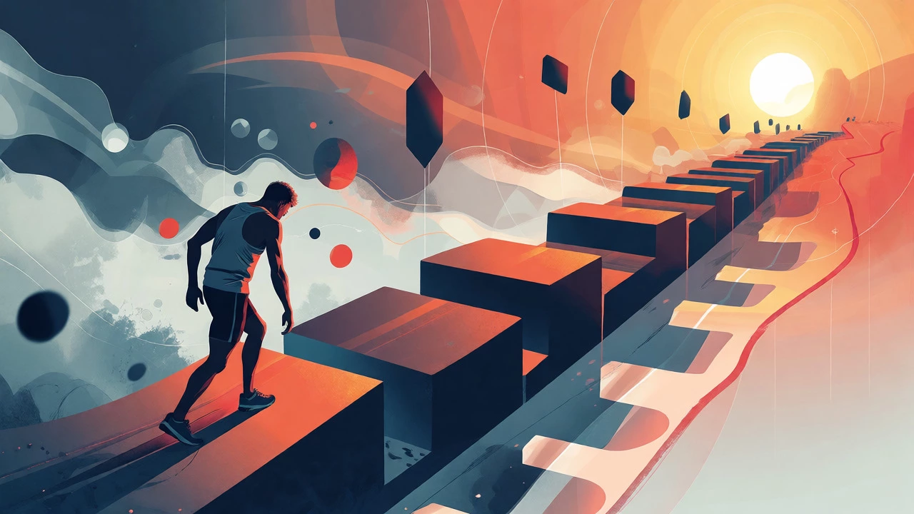 Conceptual art of a tired runner facing a segmented path toward a glowing goal.