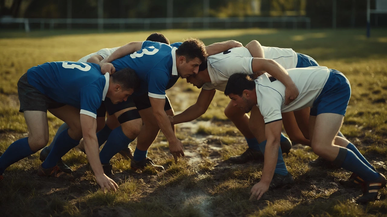 Intense rugby scrum on a muddy field in Northern Italy