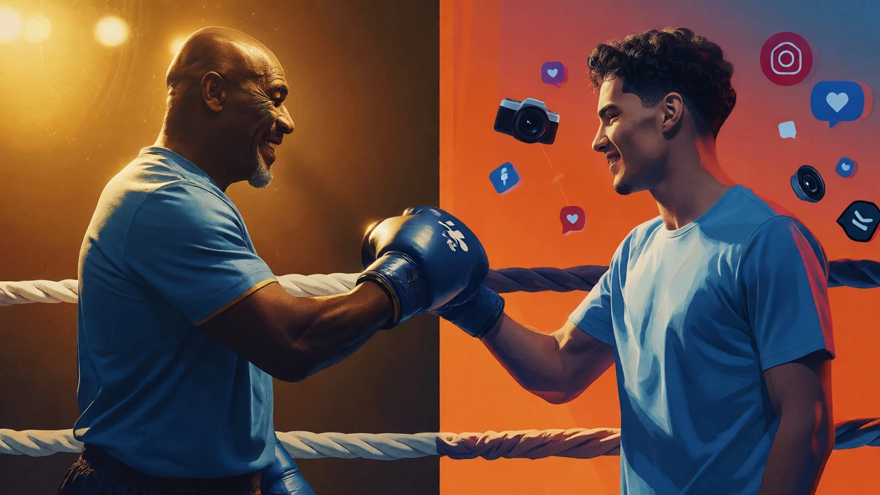 Split composition showing a veteran boxer and a young influencer meeting in the ring for an exhibition.