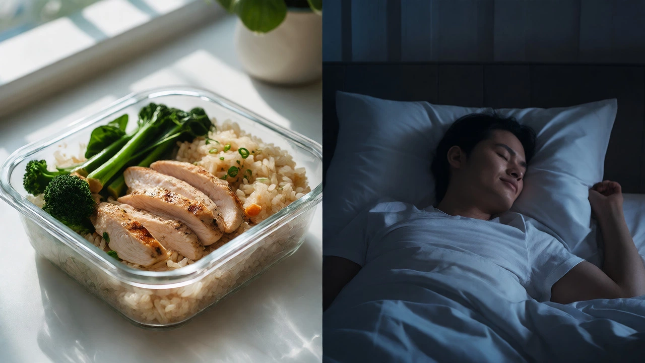 Split view of healthy protein-rich meal and peaceful sleep representing diet and recovery.