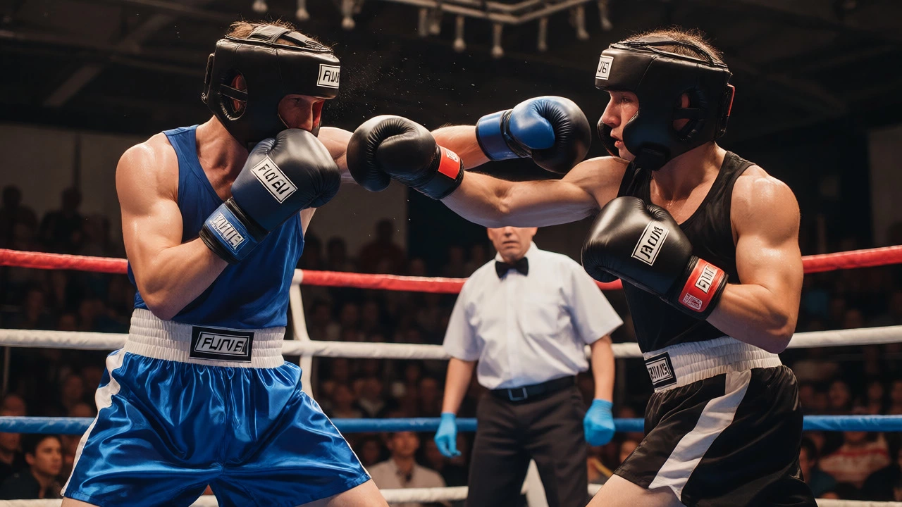 Two boxers fighting with headgear and large gloves in a crowded arena during a non-title bout.